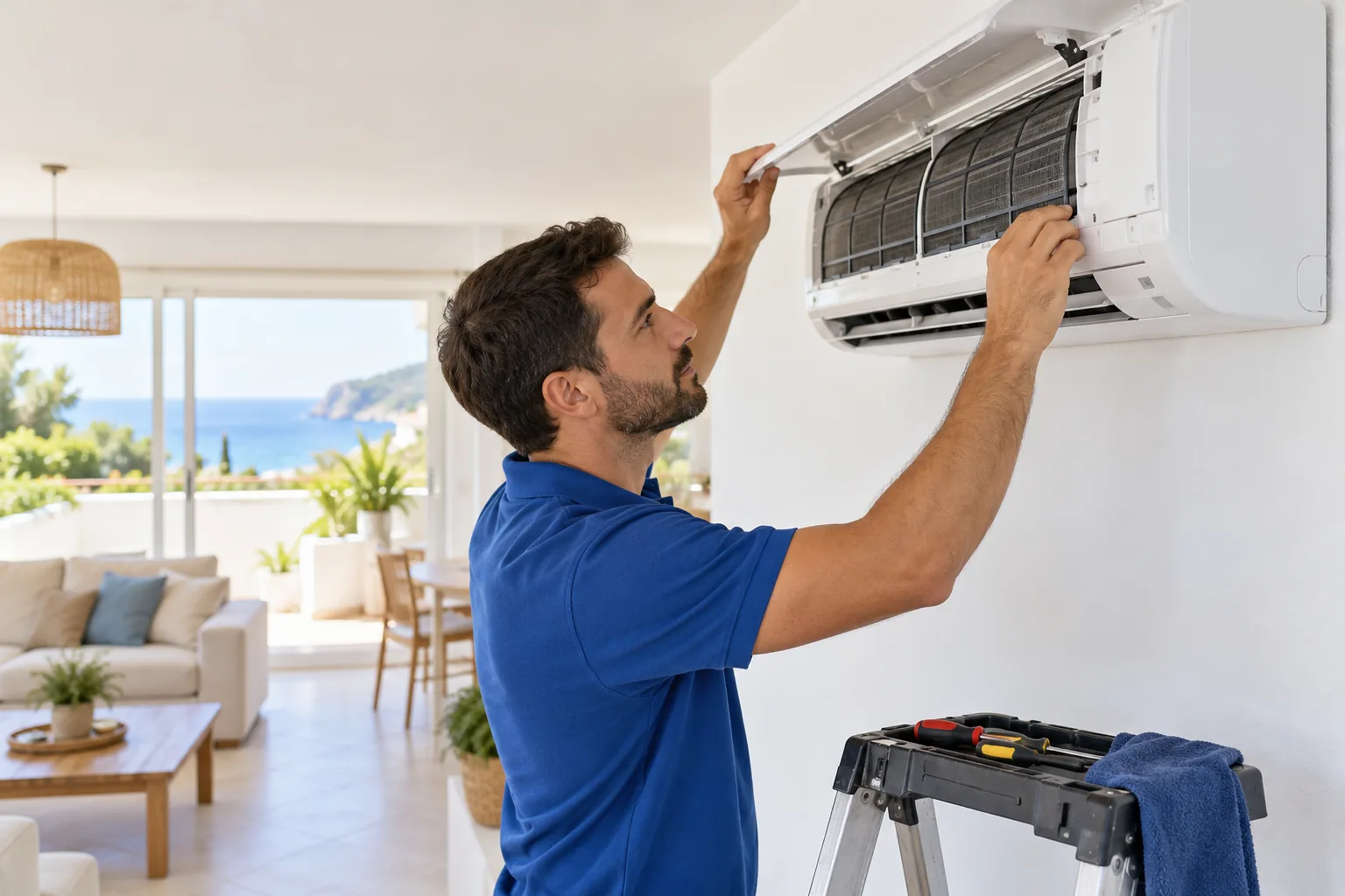 Técnico revisando un aparato de aire acondicionado en una vivienda