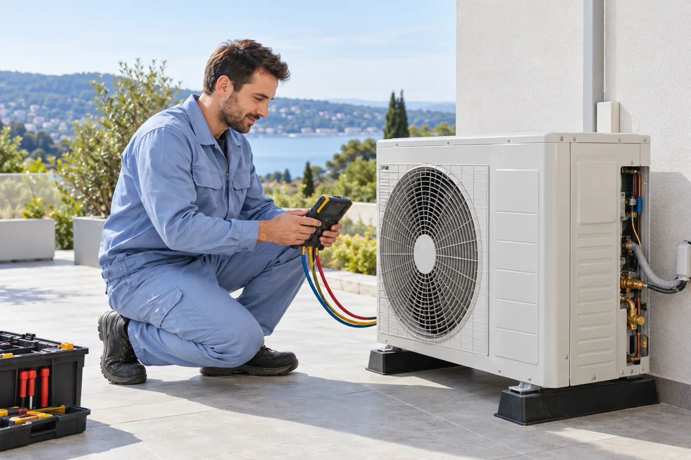 Técnico revisando una unidad exterior de climatización