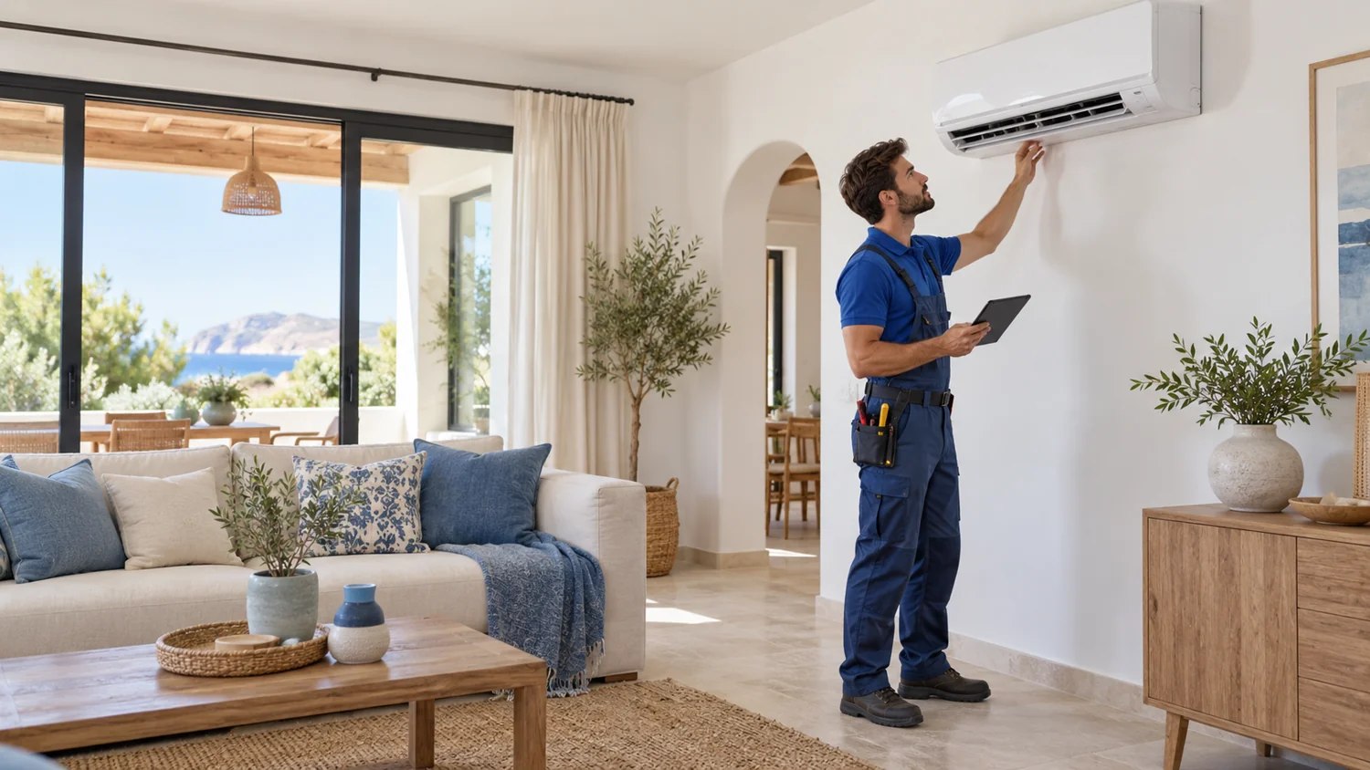 Técnico junto a un aparato de aire acondicionado en una vivienda